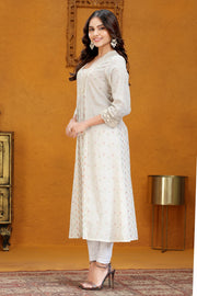 Off White Cotton Jacquard Flared Yarndyed Kurta for women / girl