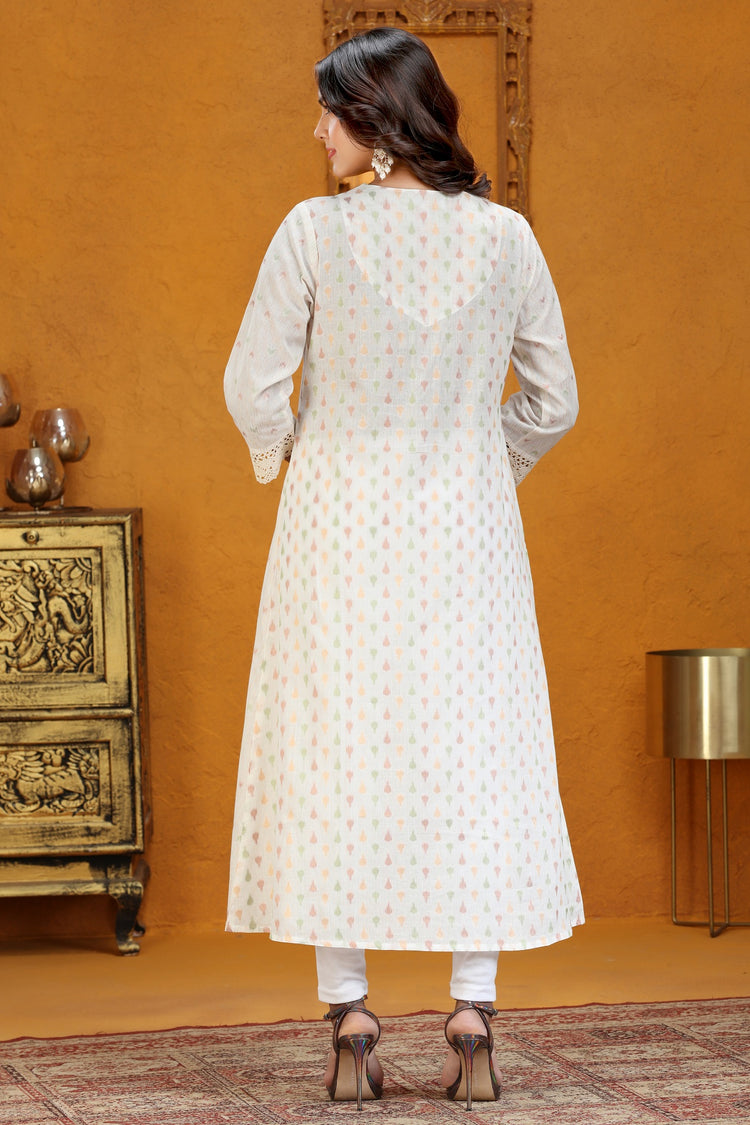 Off White Cotton Jacquard Flared Yarndyed Kurta for women / girl