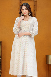 Off White Cotton Jacquard Flared Yarndyed Kurta for women / girl