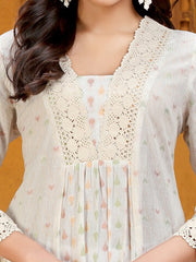 Off White Cotton Jacquard Flared Yarndyed Kurta for women / girl
