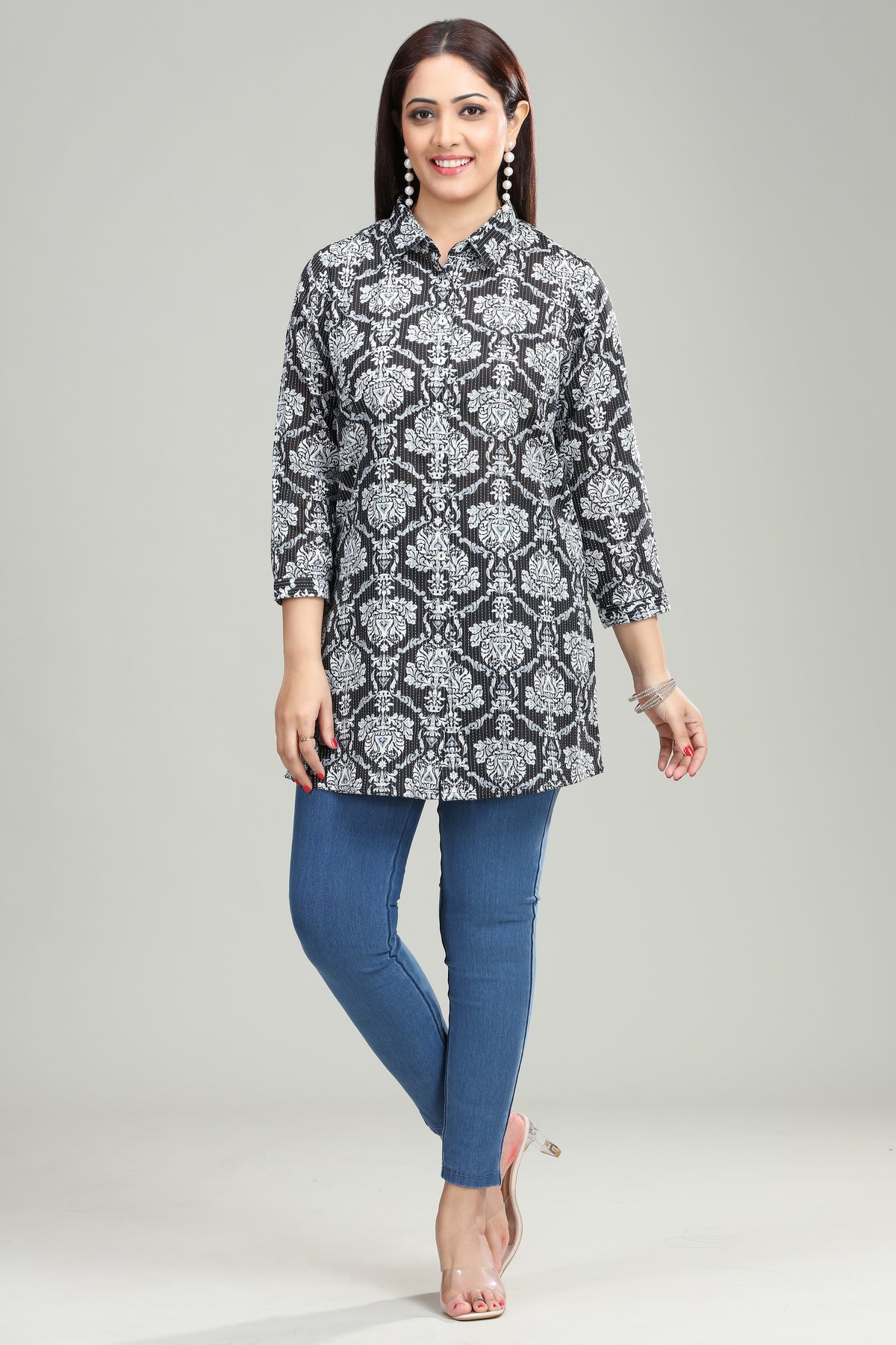 Black Handloom Cotton Straight Printed Short Kurta