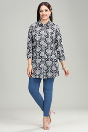 Black Handloom Cotton Straight Printed Short Kurta
