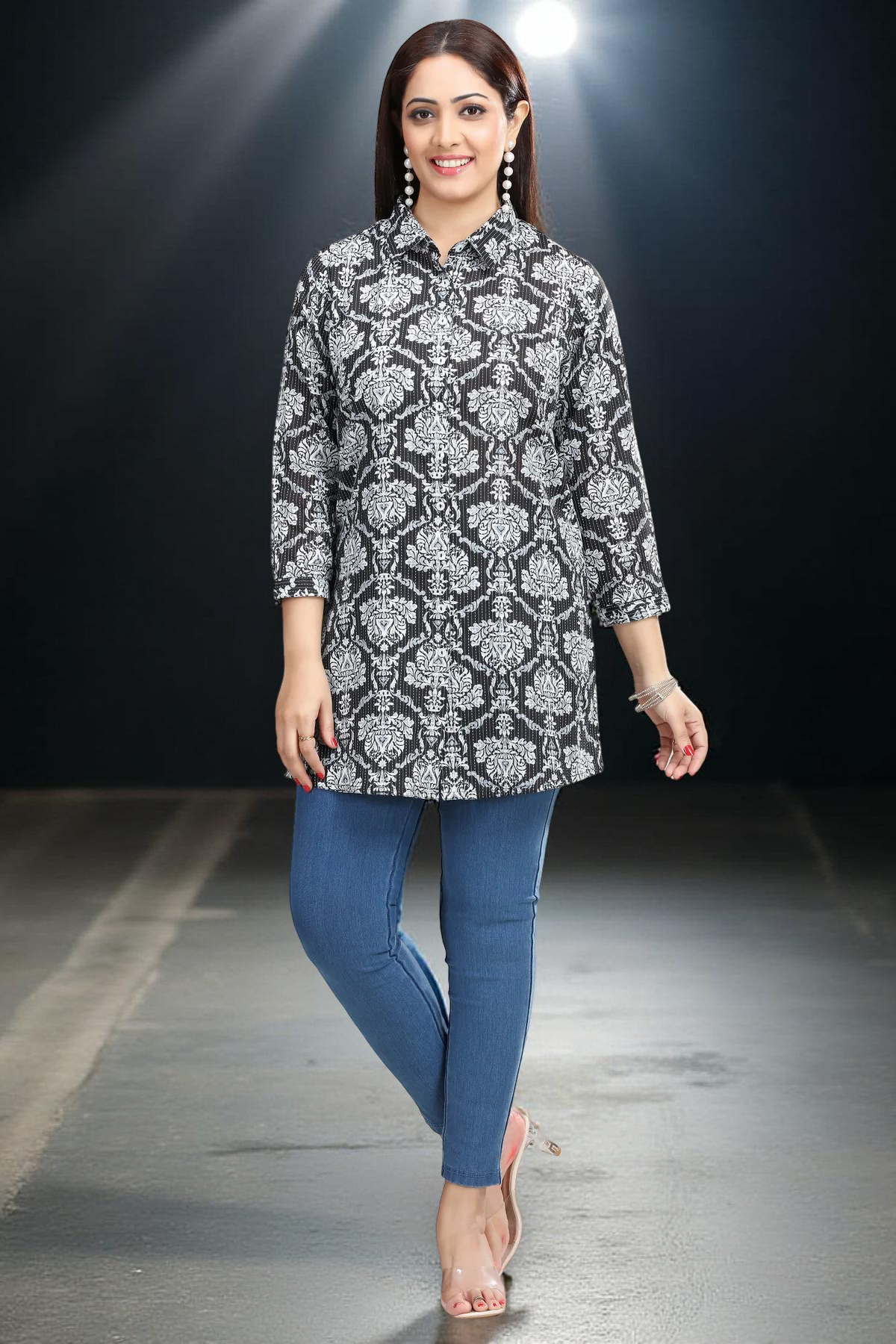 Black Handloom Cotton Straight Printed Short Kurta