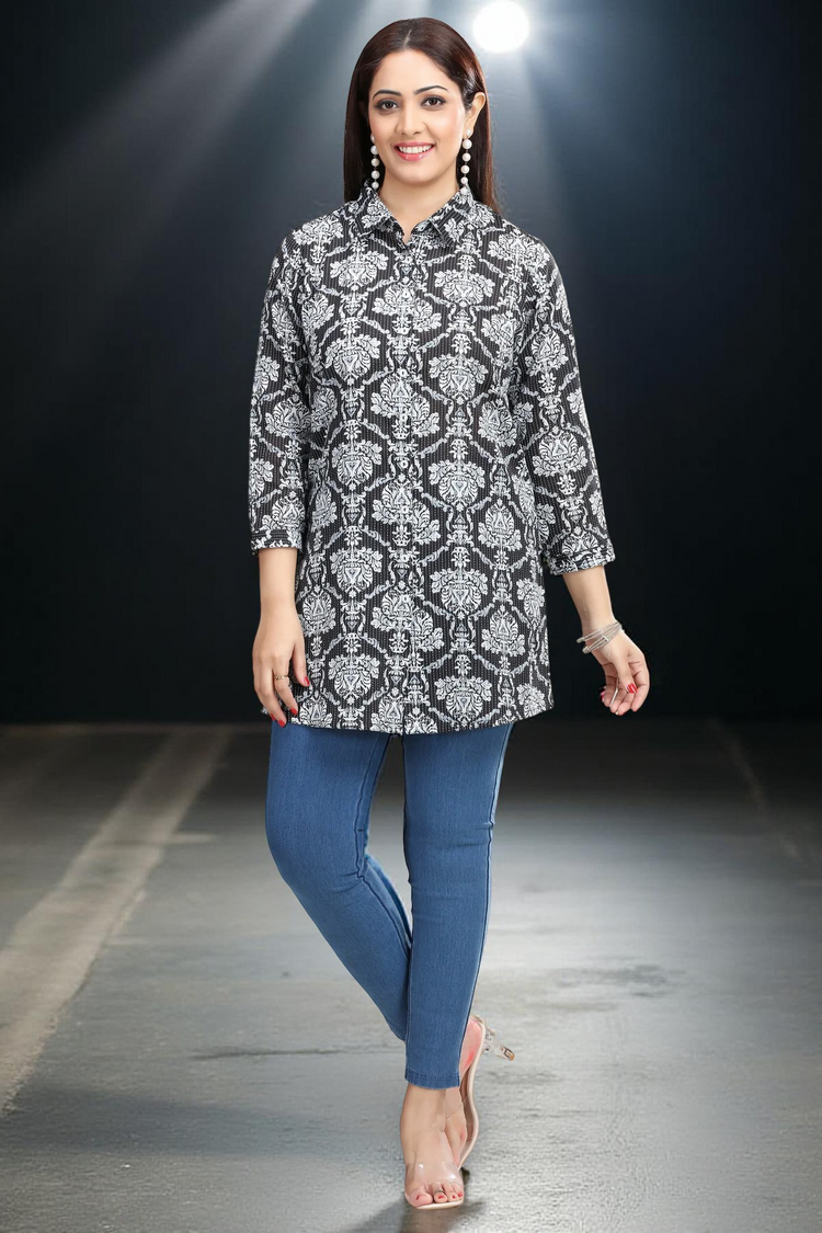 Black Handloom Cotton Straight Printed Short Kurta