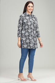 Black Handloom Cotton Straight Printed Short Kurta