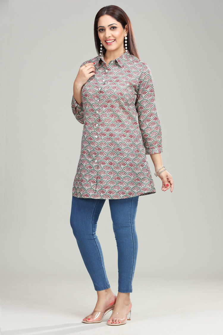 Gray Handloom Cotton Straight Printed Short Kurta