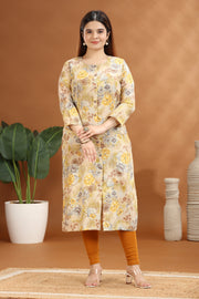 Yellow Jaipuri Cotton Straight Printed Kurta