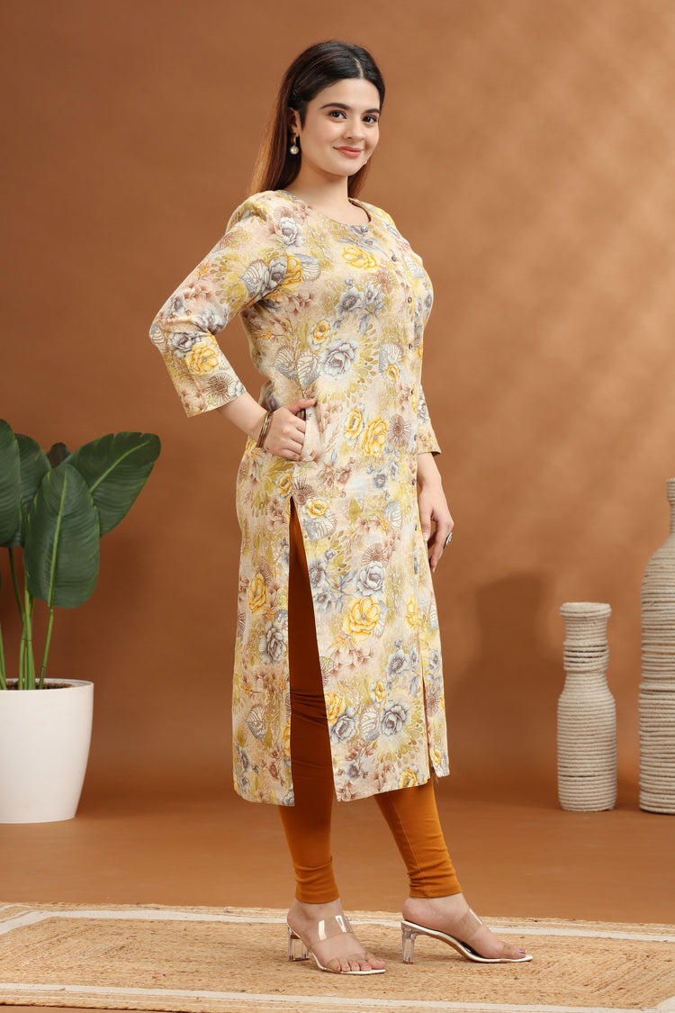 Yellow Jaipuri Cotton Straight Printed Kurta
