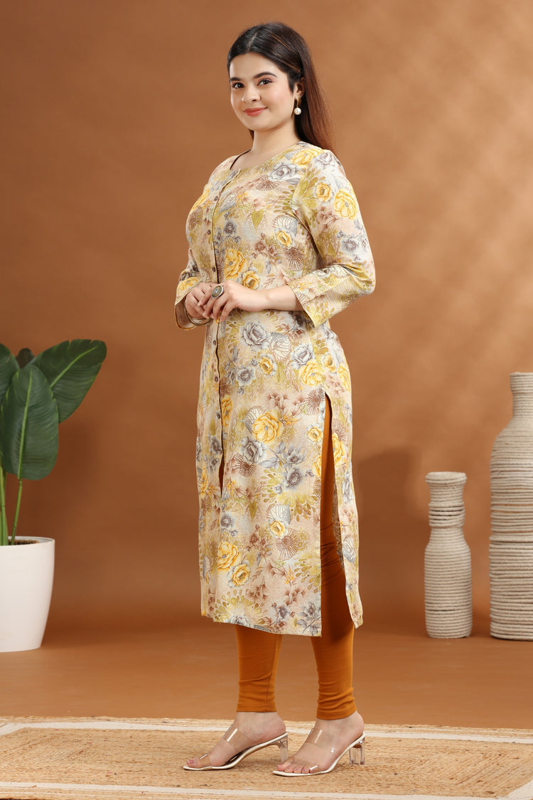 Yellow Jaipuri Cotton Straight Printed Kurta