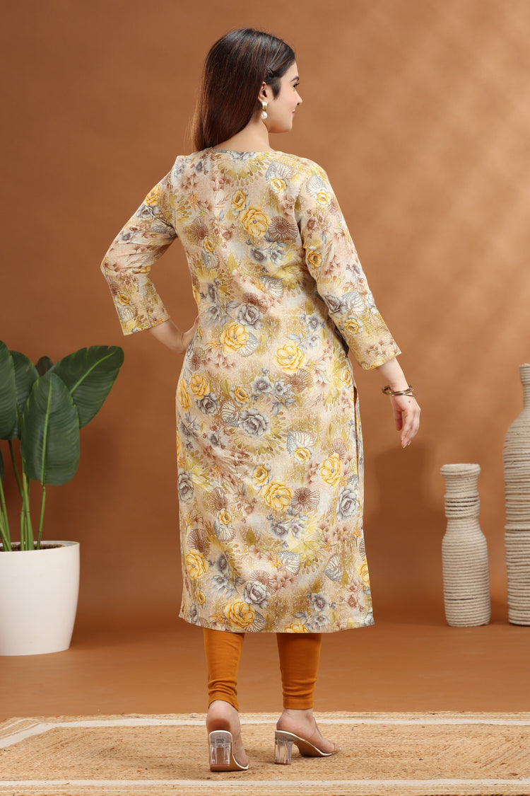 Yellow Jaipuri Cotton Straight Printed Kurta