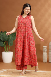 Coral Pink Cotton Printed A Line Kurta and Pant Set