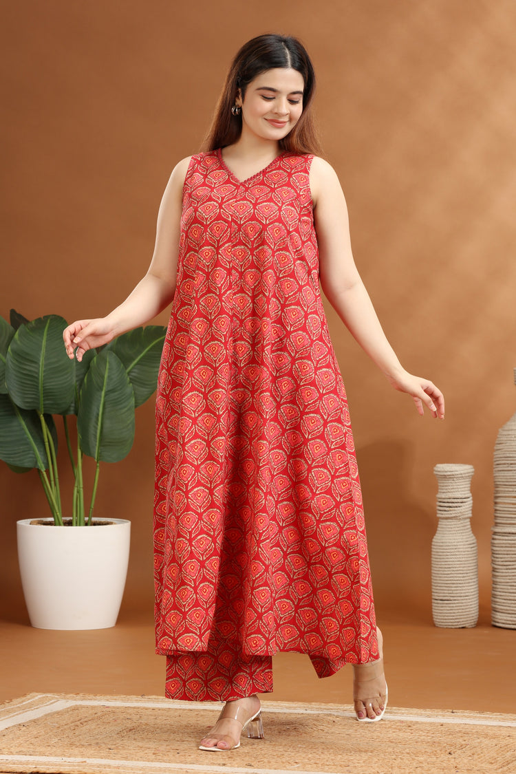 Coral Pink Cotton Printed A Line Kurta and Pant Set