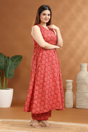 Coral Pink Cotton Printed A Line Kurta and Pant Set