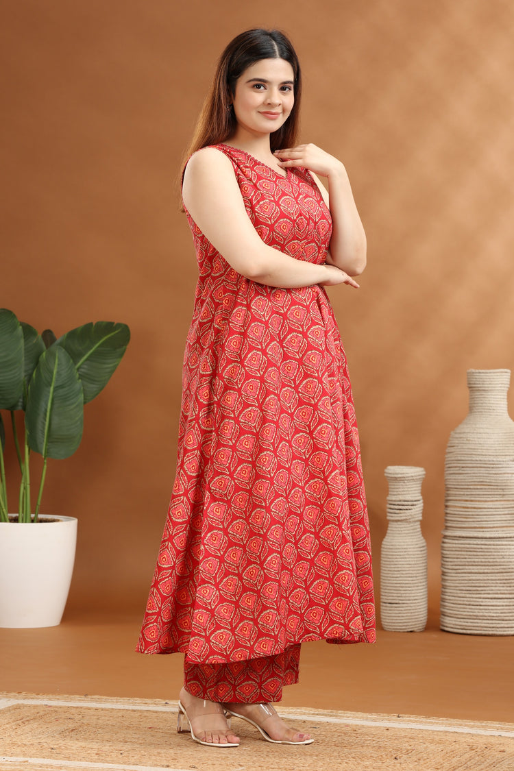 Coral Pink Cotton Printed A Line Kurta and Pant Set