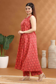 Coral Pink Cotton Printed A Line Kurta and Pant Set