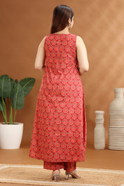 Coral Pink Cotton Printed A Line Kurta and Pant Set