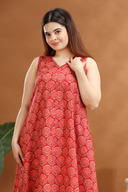 Coral Pink Cotton Printed A Line Kurta and Pant Set