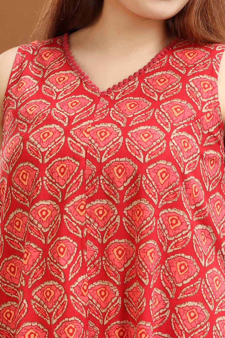 Coral Pink Cotton Printed A Line Kurta and Pant Set