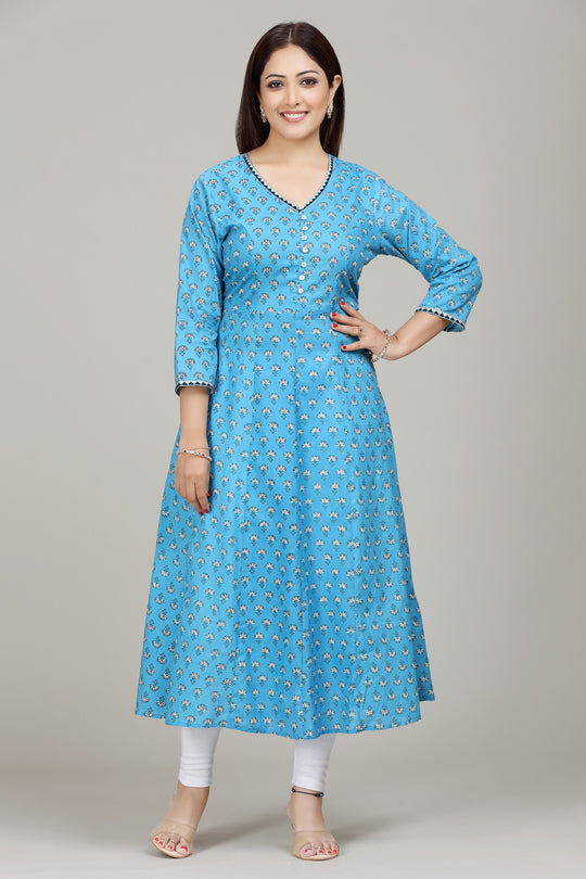 Sky Blue Jaipuri Cotton A line Kurta for women