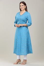 Sky Blue Jaipuri Cotton A line Kurta for women