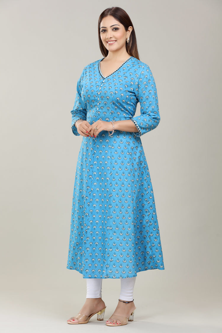Sky Blue Jaipuri Cotton A line Kurta for women