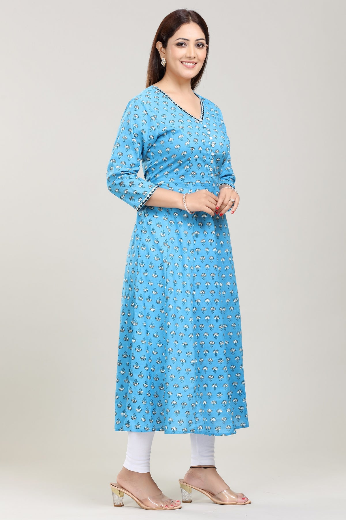 Sky Blue Jaipuri Cotton A line Kurta for women