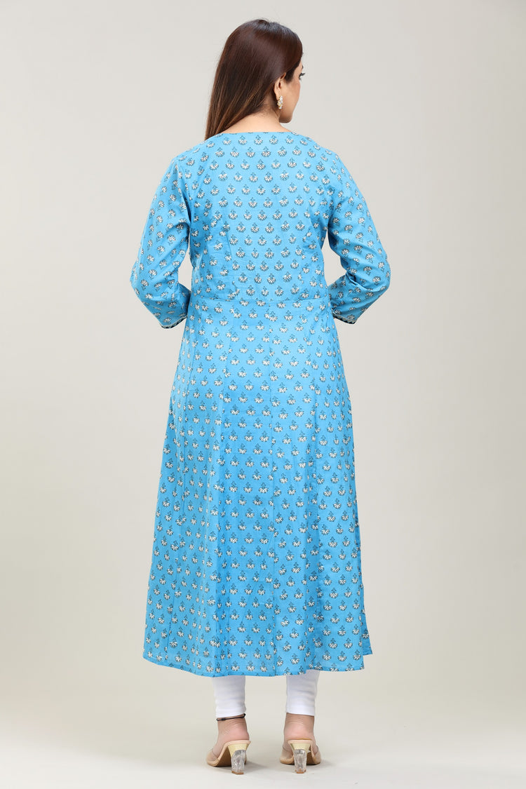Sky Blue Jaipuri Cotton A line Kurta for women