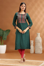 Emerald Green Rayon Embroidered Straight Kurta for women / girl