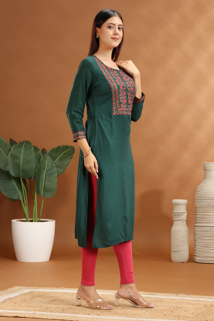 Emerald Green Rayon Embroidered Straight Kurta for women / girl