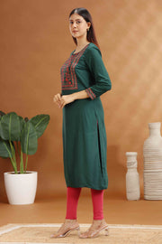 Emerald Green Rayon Embroidered Straight Kurta for women / girl