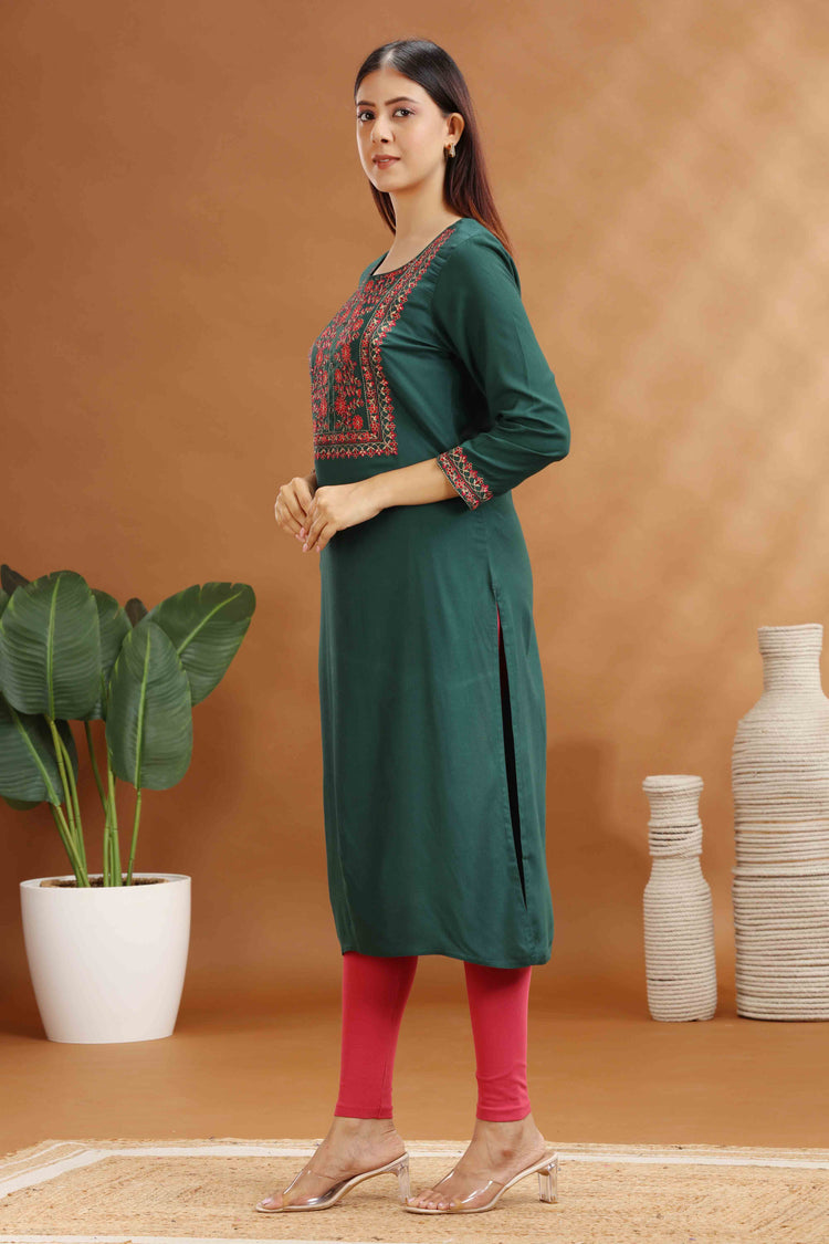 Emerald Green Rayon Embroidered Straight Kurta for women / girl