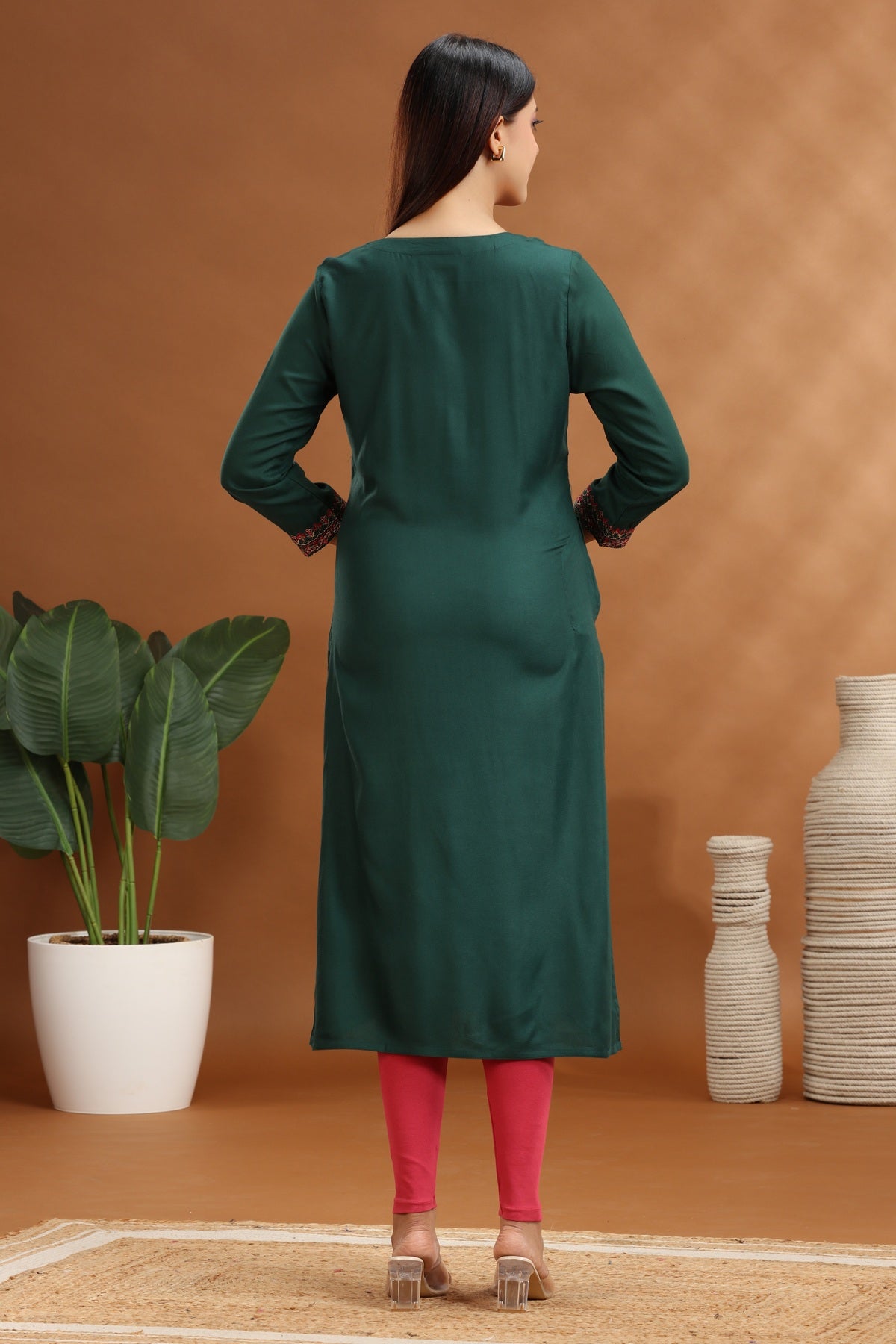 Emerald Green Rayon Embroidered Straight Kurta for women / girl