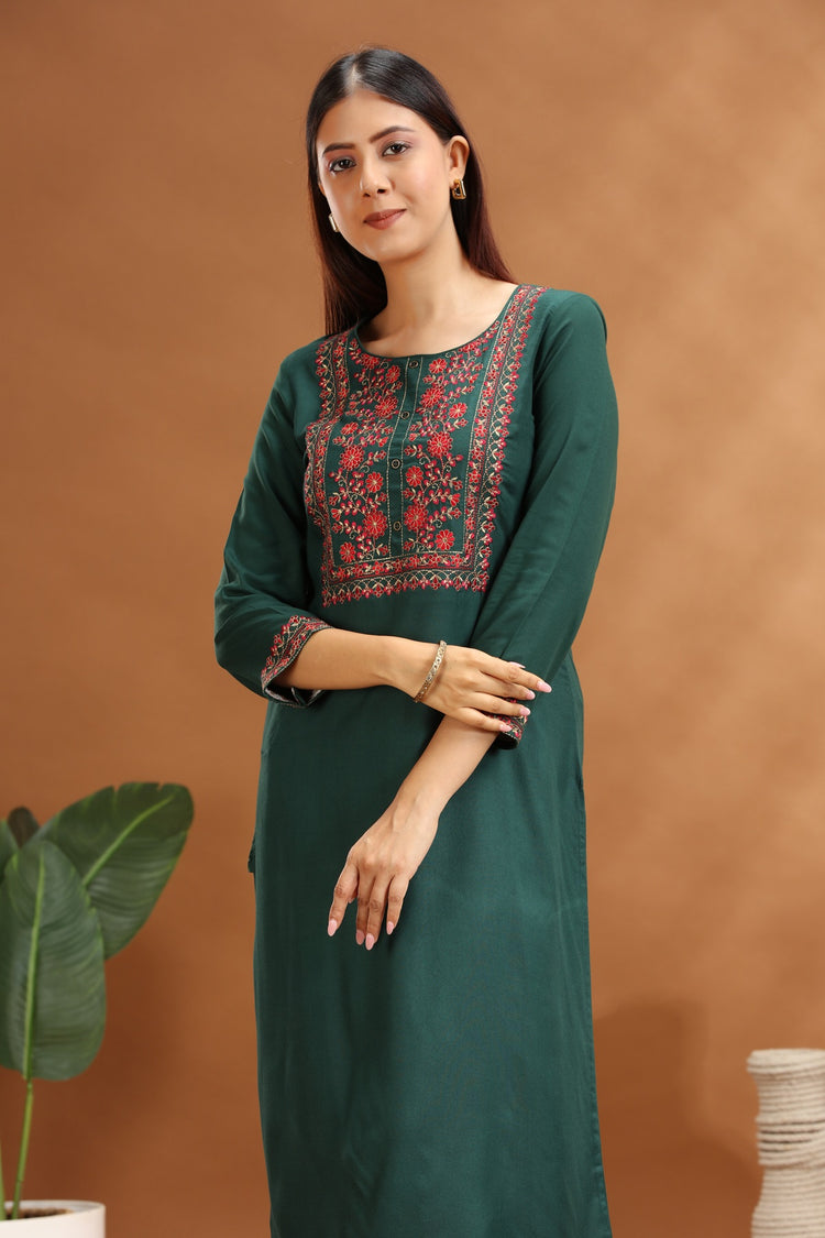 Emerald Green Rayon Embroidered Straight Kurta for women / girl