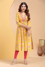 Mustard Cotton A Line Embroidered Kurta for women / girls