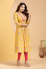 Mustard Cotton A Line Embroidered Kurta for women / girls