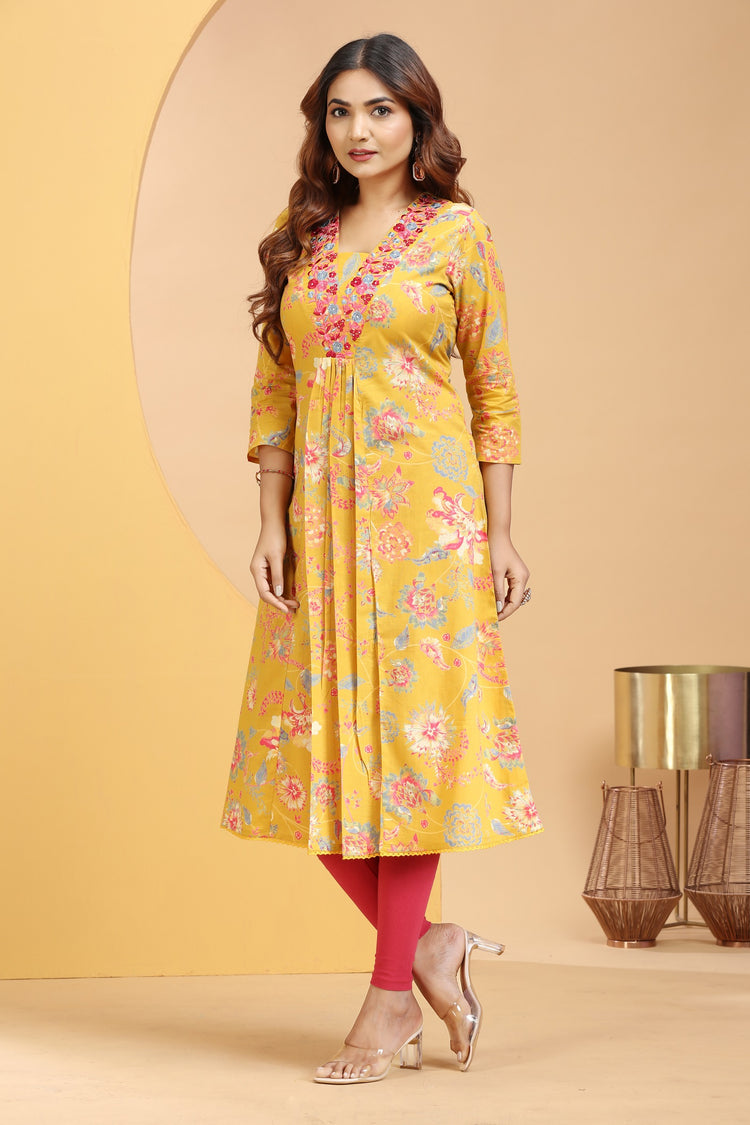 Mustard Cotton A Line Embroidered Kurta for women / girls