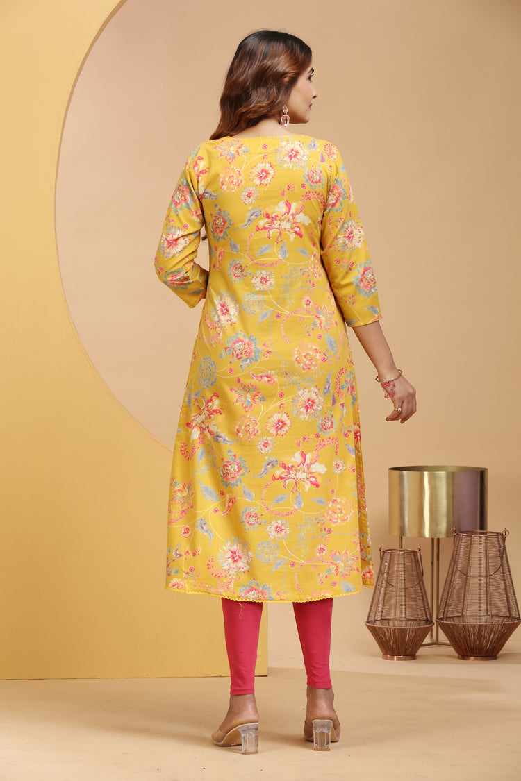 Mustard Cotton A Line Embroidered Kurta for women / girls