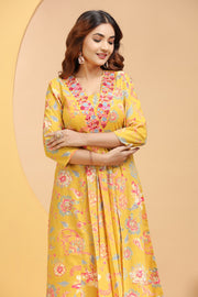 Mustard Cotton A Line Embroidered Kurta for women / girls