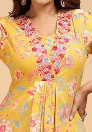 Mustard Cotton A Line Embroidered Kurta for women / girls