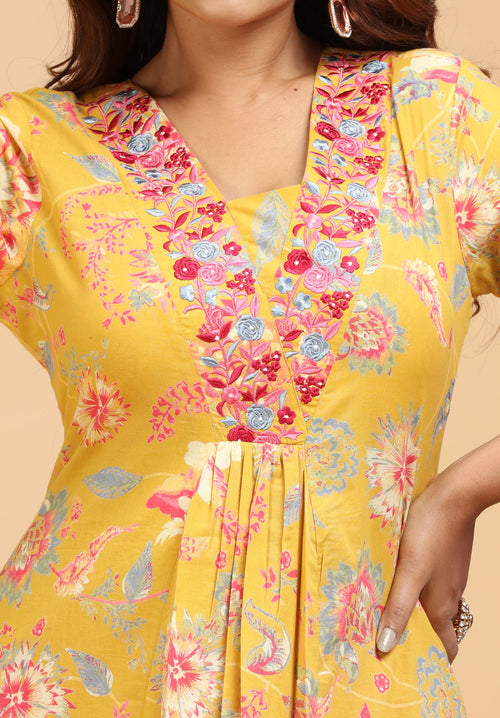 Mustard Cotton A Line Embroidered Kurta for women / girls