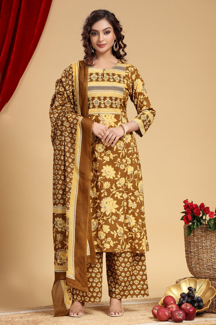Mehandi Green Jaipuri Cotton Straight Printed Kurta Pant Suit Set