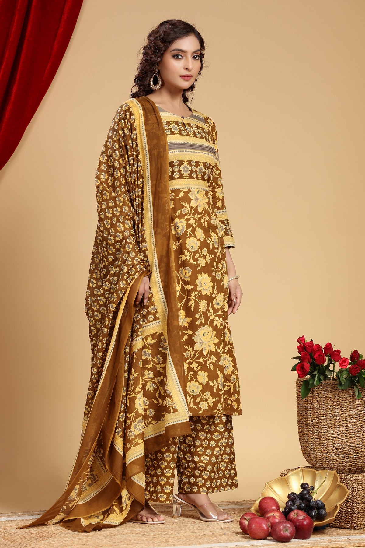Mehandi Green Jaipuri Cotton Straight Printed Kurta Pant Suit Set