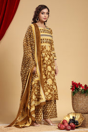 Mehandi Green Jaipuri Cotton Straight Printed Kurta Pant Suit Set