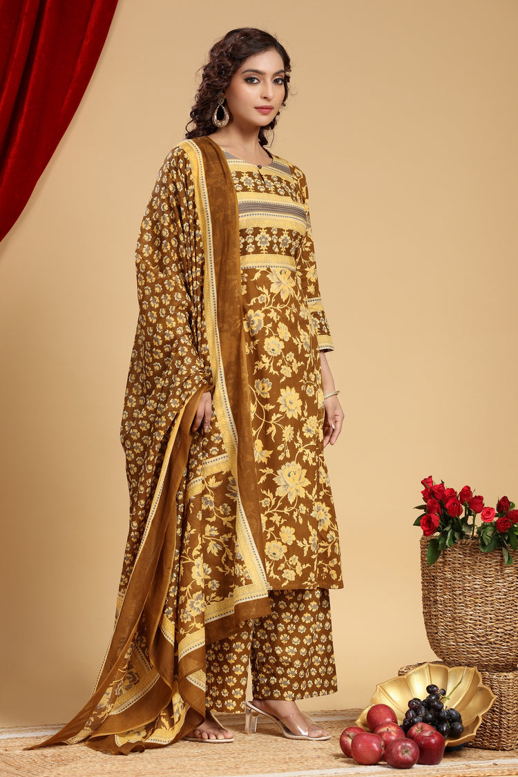 Mehandi Green Jaipuri Cotton Straight Printed Kurta Pant Suit Set