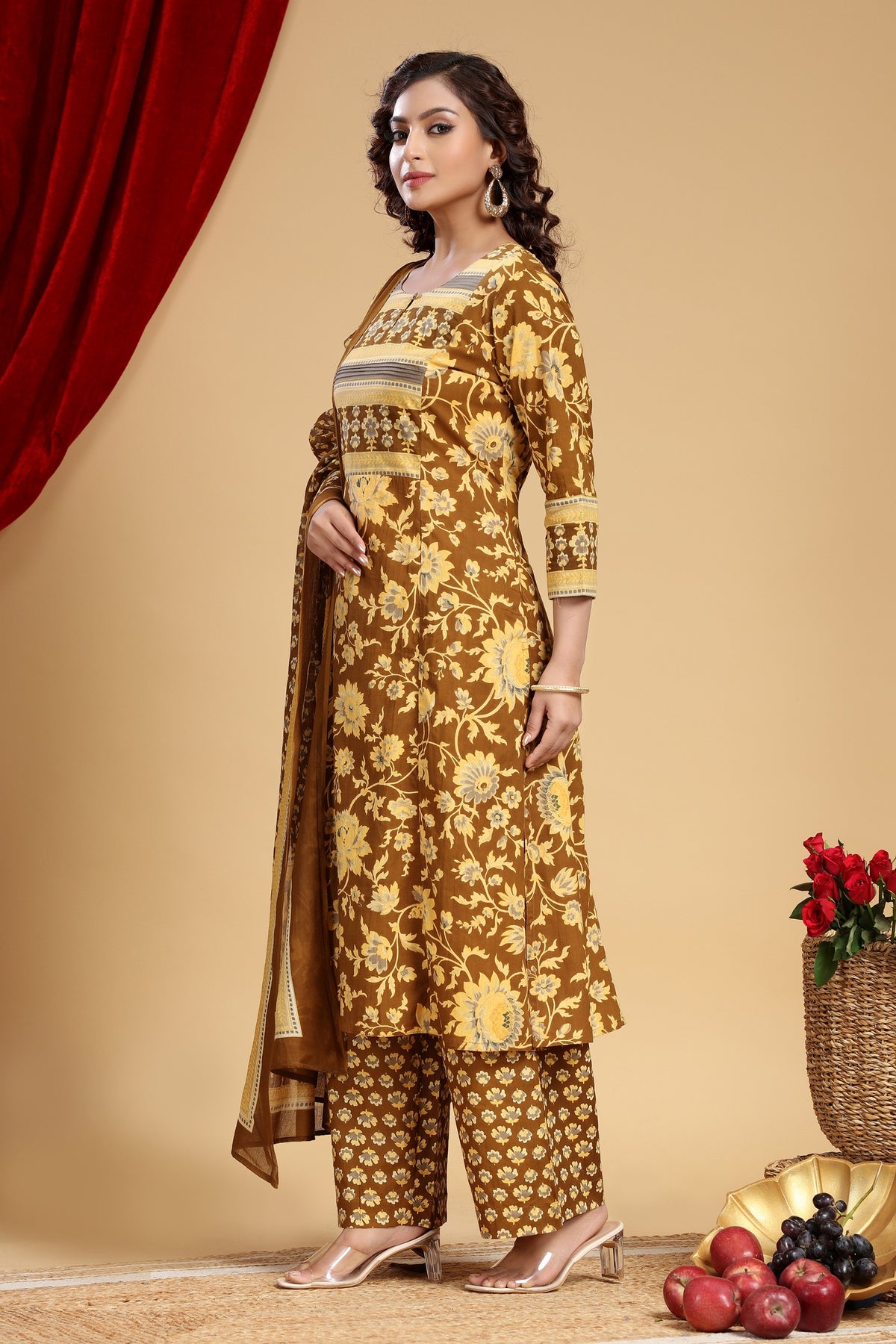 Mehandi Green Jaipuri Cotton Straight Printed Kurta Pant Suit Set