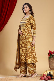 Mehandi Green Jaipuri Cotton Straight Printed Kurta Pant Suit Set