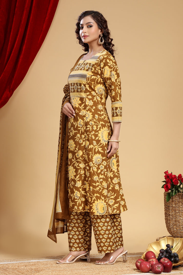 Mehandi Green Jaipuri Cotton Straight Printed Kurta Pant Suit Set