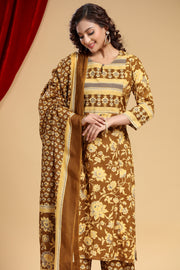 Mehandi Green Jaipuri Cotton Straight Printed Kurta Pant Suit Set