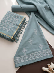 Sage Green Chanderi Mulmul Dress Material With Embroidered Details