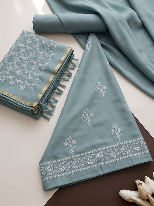 Sage Green Chanderi Mulmul Dress Material With Embroidered Details